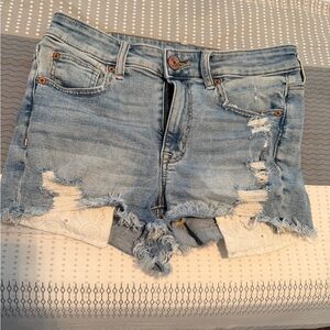 American Eagle Outfitters Light Blue Distressed Denim Shorts with Lace Inset